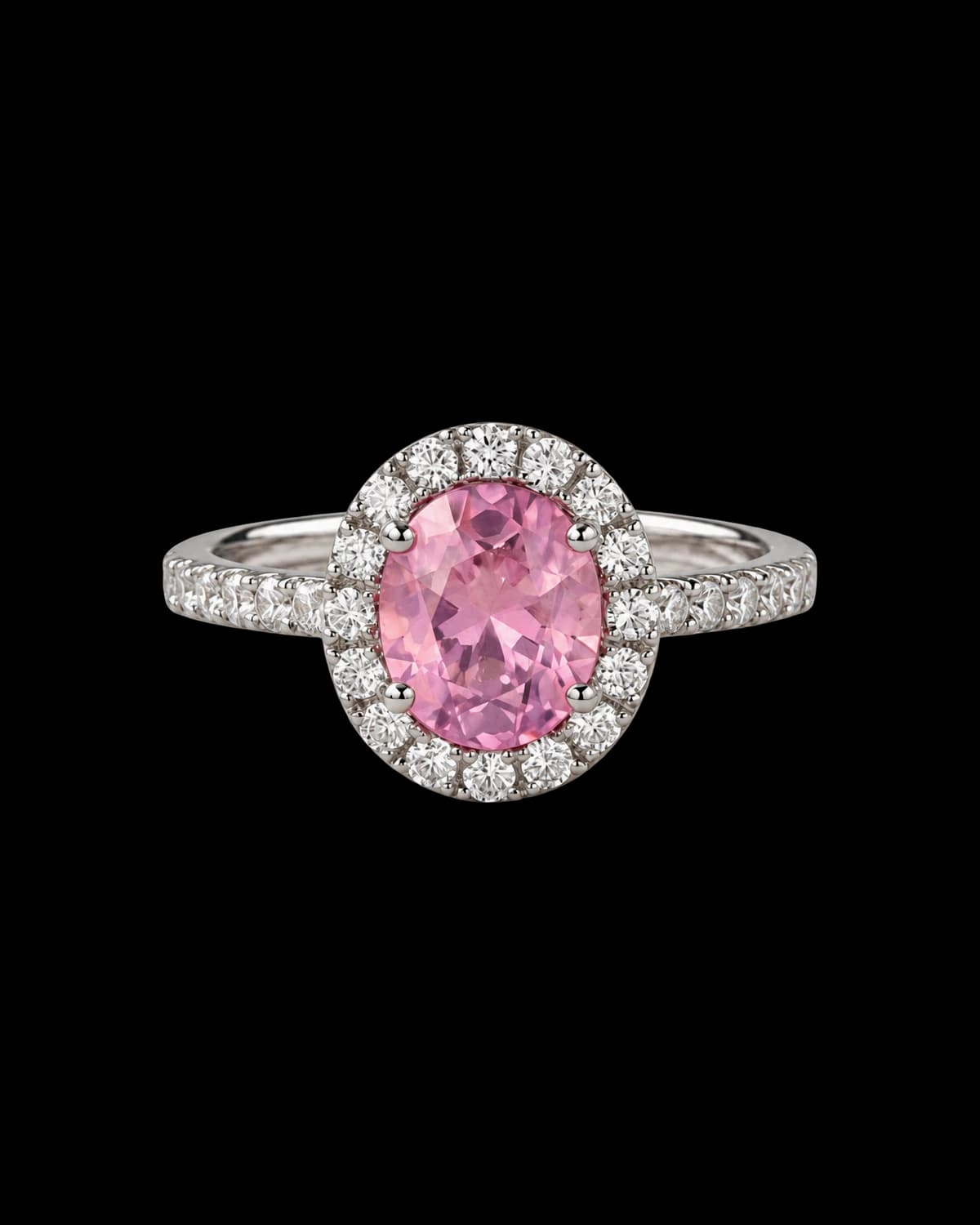The Hannah — current pink gemstone and diamond halo setting